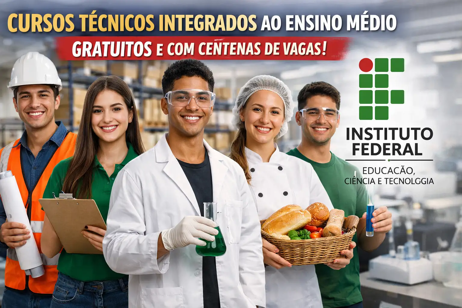 Estudantes sorrindo em banner do Instituto Federal sobre cursos técnicos gratuitos integrados ao ensino médio nas áreas de logística, edificações, alimentos e química.