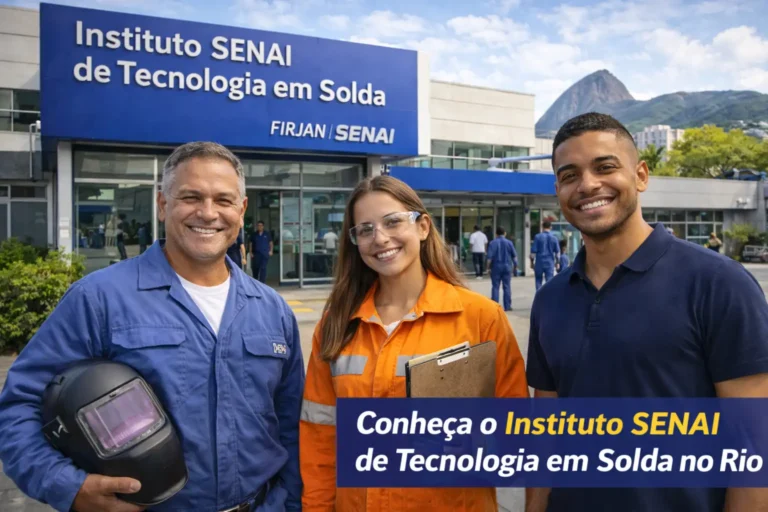 Profissionais sorrindo em frente ao Instituto SENAI de Tecnologia em Solda, no Rio de Janeiro, com destaque para cursos, certificações e atendimento.