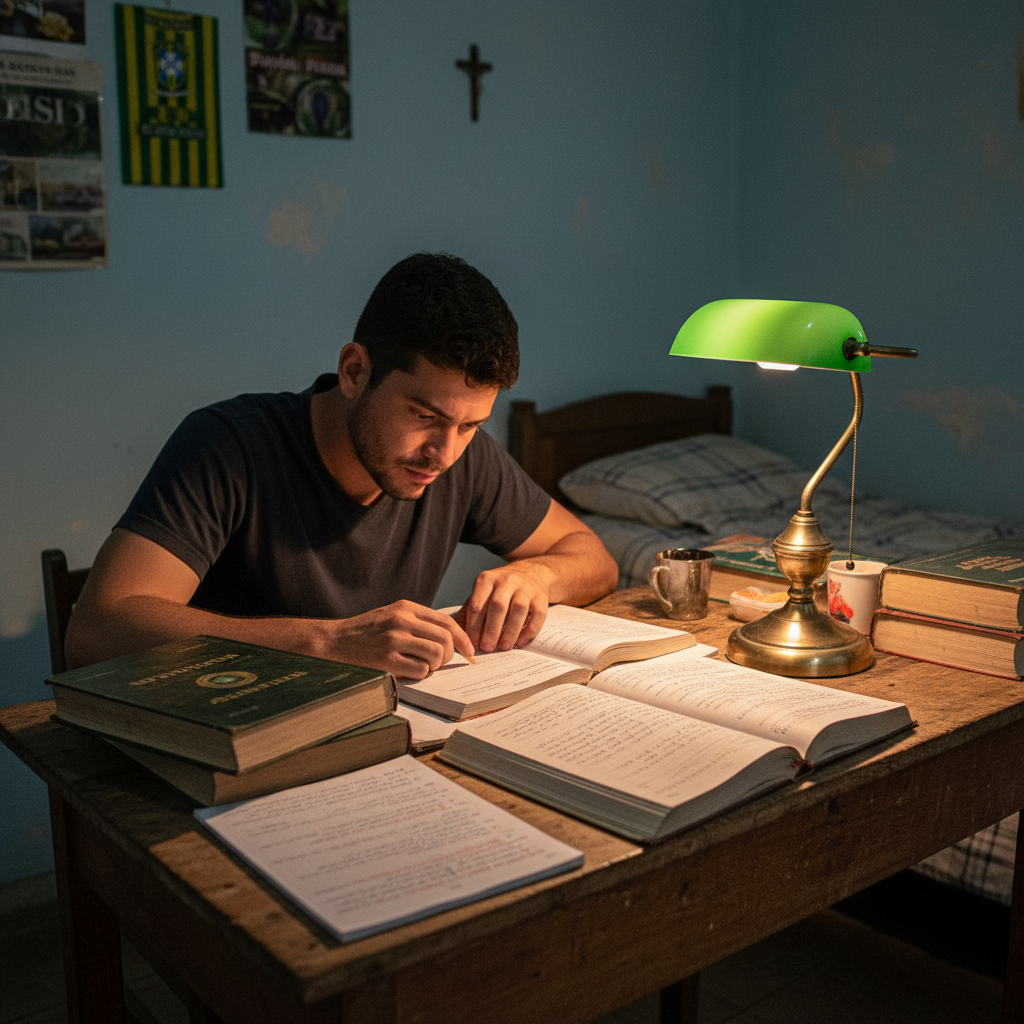 Jovem estudando de madrugada para o vestibular de Medicina após dia de trabalho