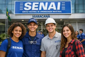 Jovens sorrindo em frente à unidade do SENAI Maracanã durante atividade ligada ao programa Jovem Aprendiz.