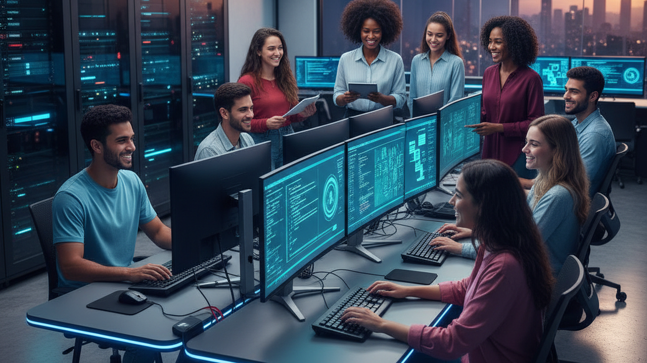 Jovens em laboratório de tecnologia da informação do SENAI com cursos gratuitos no Rio de Janeiro