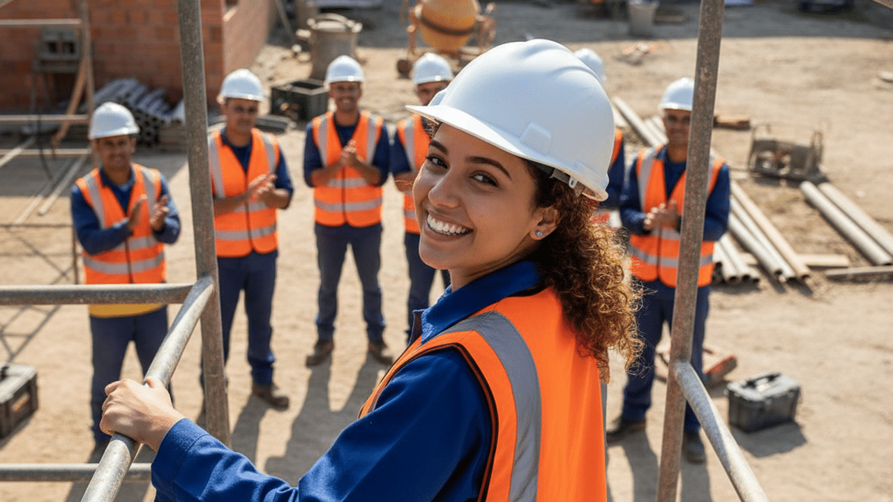 Jovem mulher montando andaime em curso gratuito do SENAI Petrobras com bolsa mensal