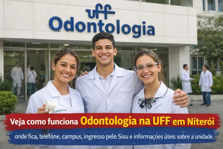 Estudantes de Odontologia em frente à UFF em Niterói, com jalecos e materiais da área, em imagem sobre o curso e a unidade.