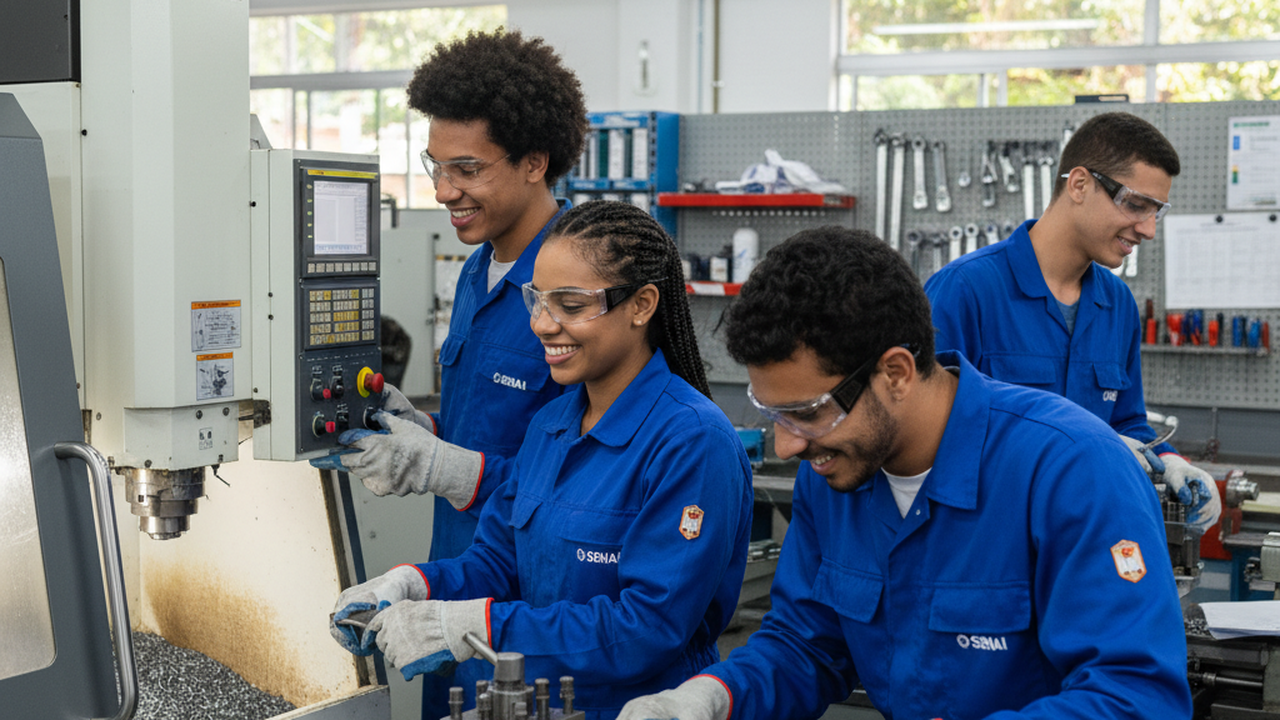 Jovens em oficina de mecânica industrial do SENAI aprendendo em cursos gratuitos no Rio de Janeiro