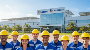 Jovens em frente ao SENAI com logos da Petrobras e SENAI para cursos gratuitos com bolsa