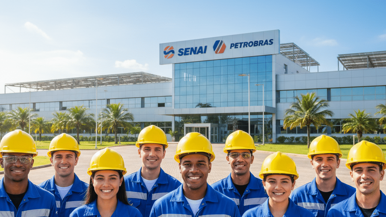 Jovens em frente ao SENAI com logos da Petrobras e SENAI para cursos gratuitos com bolsa