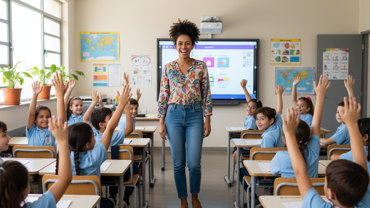 Professora sorrindo em sala de aula de escola pública de Joinville com concurso aberto para educação