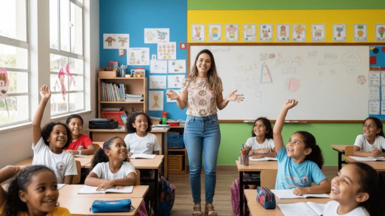 Professora sorrindo em sala de aula com alunos do ensino fundamental em Maceió com vagas na educação