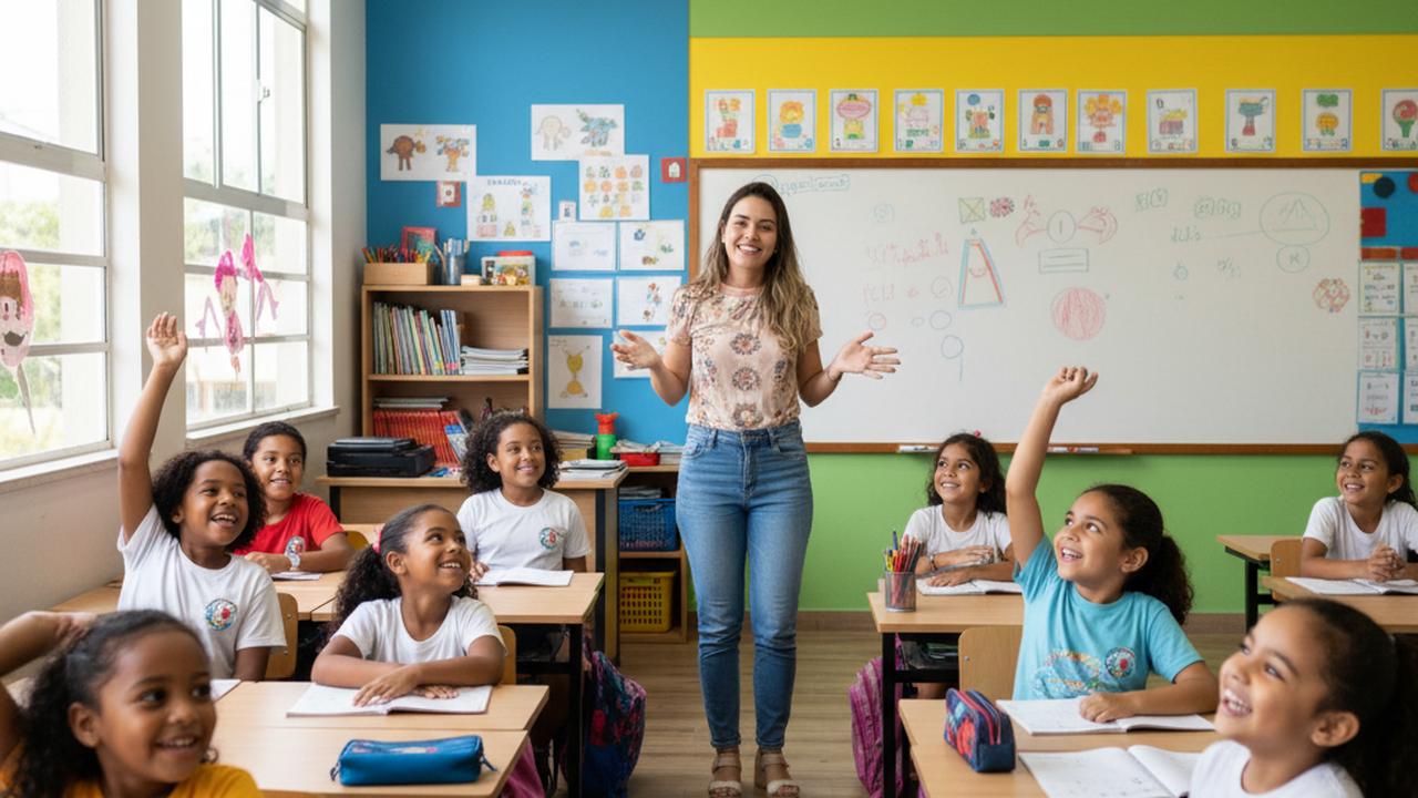 Professora sorrindo em sala de aula com alunos do ensino fundamental em Maceió com vagas na educação