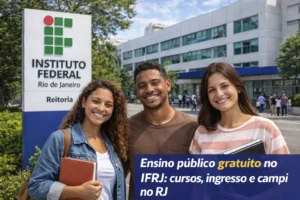 Estudantes sorrindo em frente à reitoria do IFRJ, no Rio de Janeiro, em imagem sobre cursos, ingresso e ensino público gratuito.