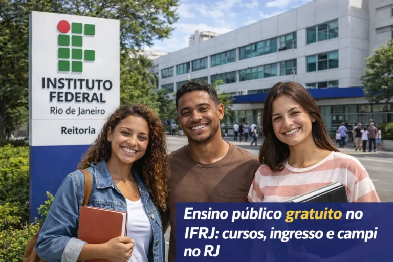 Estudantes sorrindo em frente à reitoria do IFRJ, no Rio de Janeiro, em imagem sobre cursos, ingresso e ensino público gratuito.