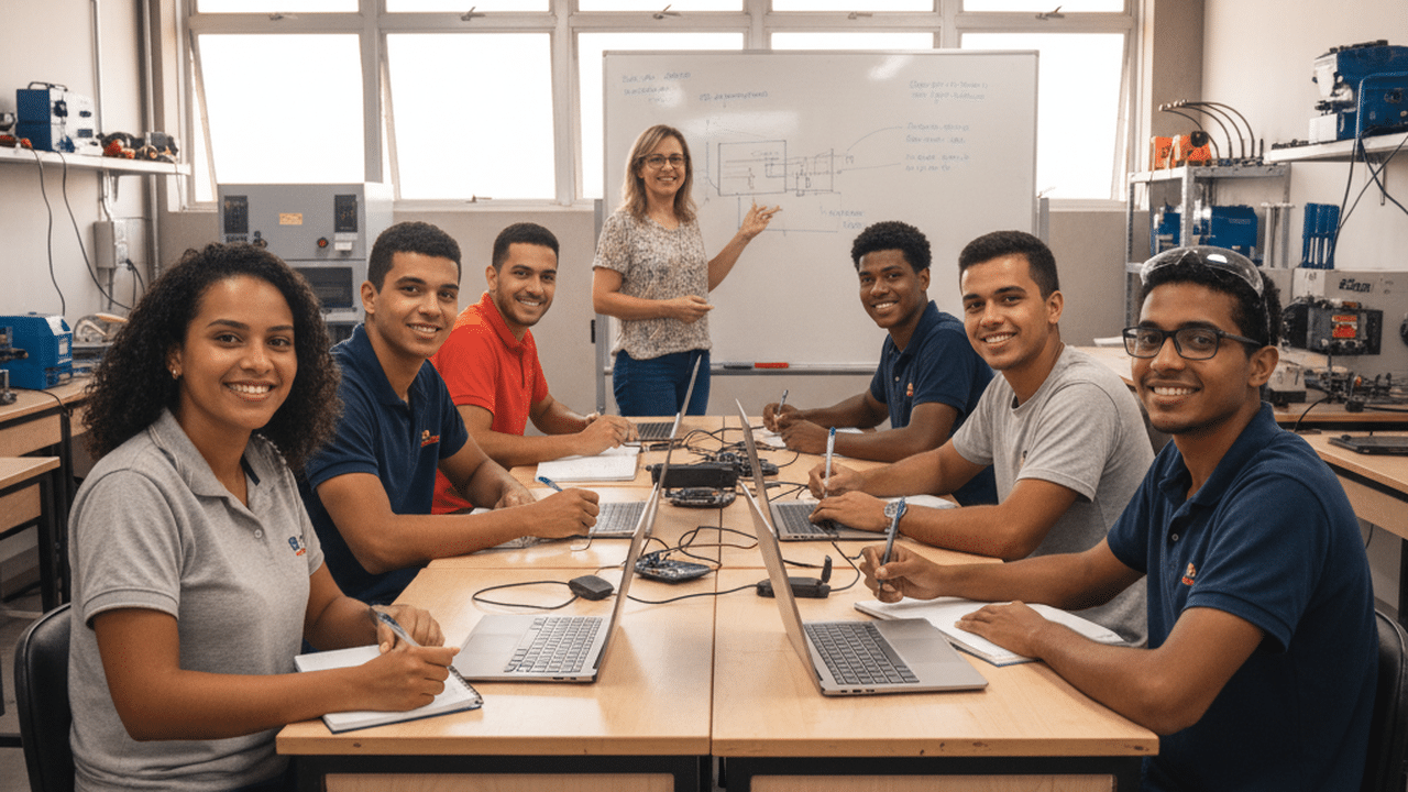 Grupo diverso de jovens em sala de aula do SENAI no curso gratuito da Petrobras com bolsa