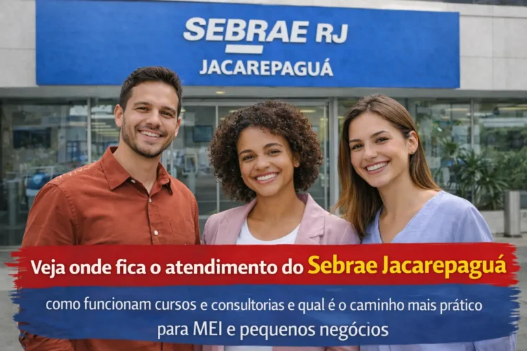 Pessoas sorrindo em frente a uma unidade do Sebrae em imagem sobre atendimento em Jacarepaguá, cursos, consultorias e apoio para MEI e pequenos negócios.