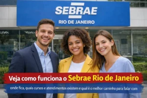 Pessoas sorrindo em frente à unidade do Sebrae Rio de Janeiro em imagem sobre cursos, atendimentos e formas de contato com a instituição.