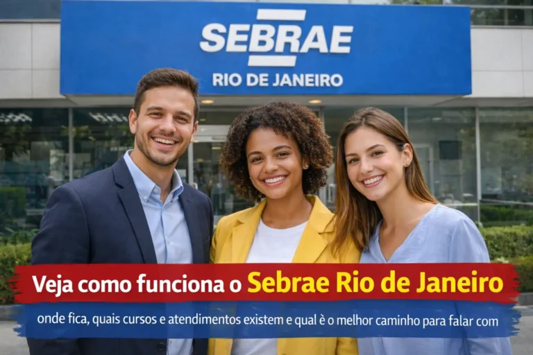 Pessoas sorrindo em frente à unidade do Sebrae Rio de Janeiro em imagem sobre cursos, atendimentos e formas de contato com a instituição.