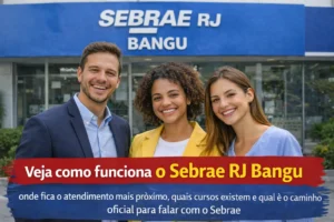 Pessoas sorrindo em frente a uma unidade do Sebrae RJ em imagem sobre atendimento, cursos e formas de contato na região de Bangu.