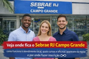 Pessoas sorrindo em frente a uma unidade do Sebrae RJ em imagem sobre atendimento, cursos, oficinas e inscrição em Campo Grande.