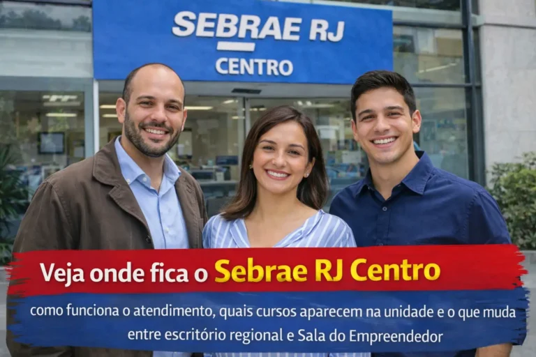 Pessoas sorrindo em frente a uma unidade do Sebrae RJ em imagem sobre atendimento, cursos e diferenças entre escritório regional e Sala do Empreendedor no Centro.