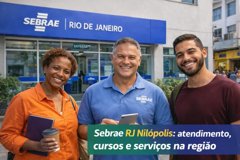 Pessoas sorrindo em frente ao Sebrae RJ Nilópolis, em imagem sobre atendimento, cursos na região e serviços para MEI.