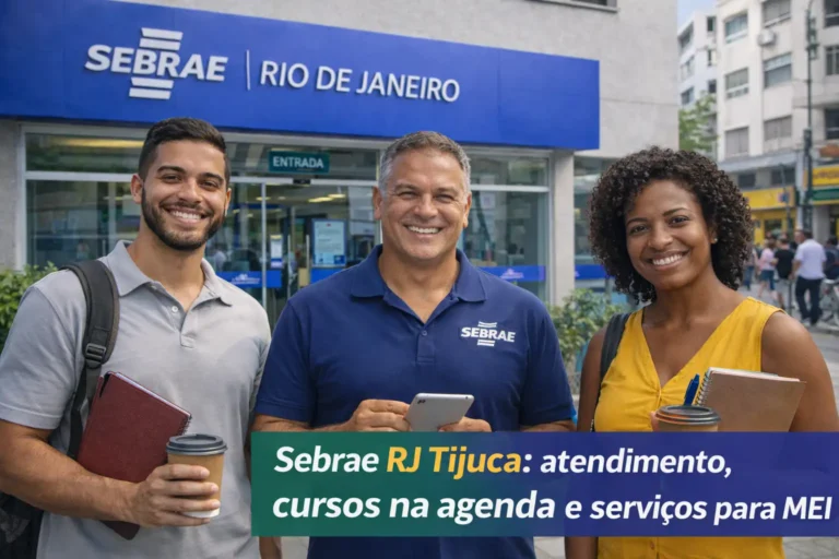 Pessoas sorrindo em frente ao Sebrae RJ Tijuca, em imagem sobre atendimento, cursos na agenda e serviços para MEI.