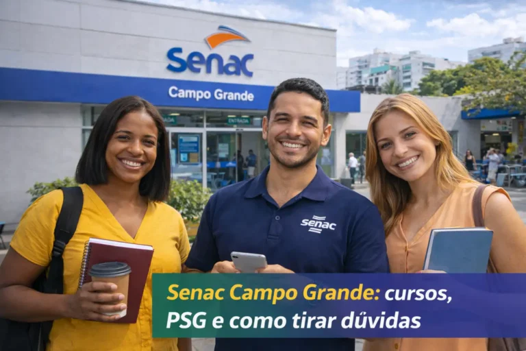 Alunos sorrindo em frente ao Senac Campo Grande, no Rio de Janeiro, em imagem sobre cursos, PSG, inscrição e contato.