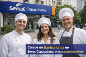 Alunos e chef sorrindo em frente ao Senac Copacabana, no Rio de Janeiro, em imagem sobre cursos de Gastronomia.