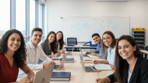 Estudantes brasileiros em sala de aula de curso técnico gratuito do Senac