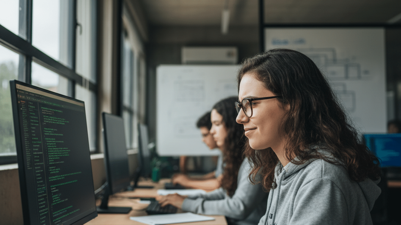 Jovem estudante em curso técnico gratuito de Desenvolvimento de Sistemas no Senac-RS