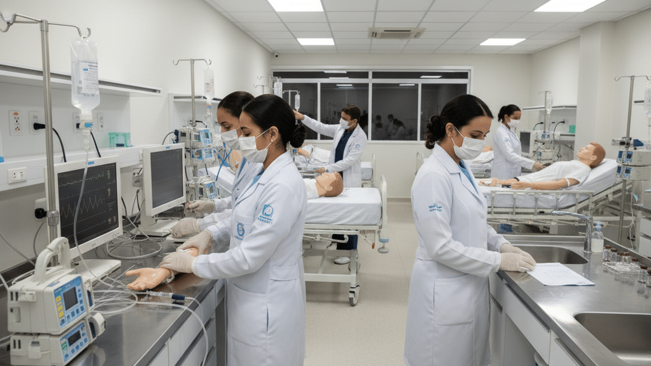 Estudantes em aula prática de curso técnico gratuito de Enfermagem no Senac