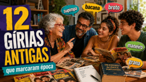 Pessoas de diferentes gerações conversam sorrindo sobre gírias antigas da língua portuguesa, com revistas e dicionário sobre a mesa.