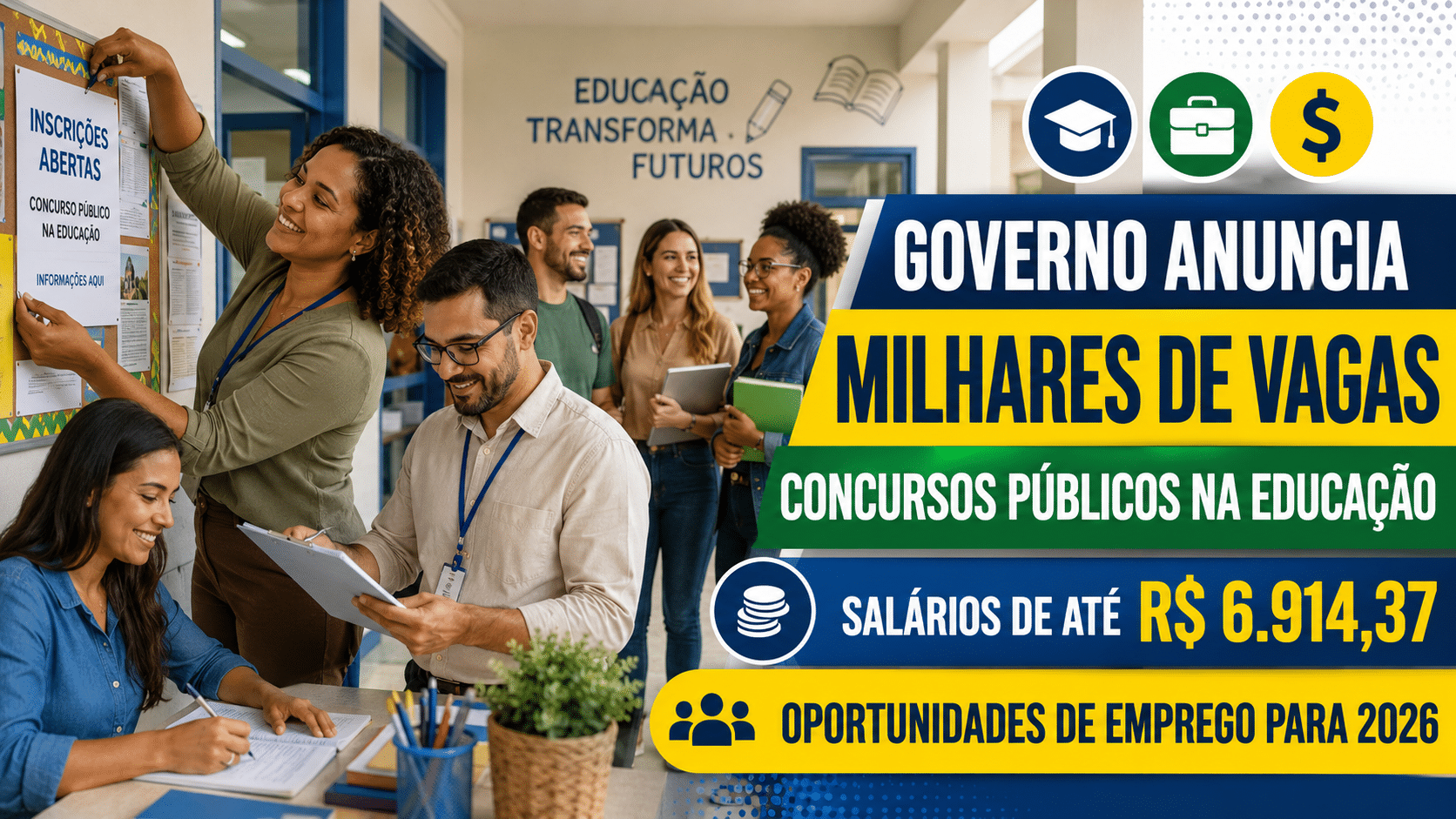 Profissionais da educação em escola consultando documentos de inscrição, ao lado de chamada sobre concursos públicos na área da Educação com salários de até R$ 6.914,37 para 2026.