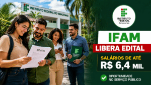 Candidatos analisando edital em frente ao Instituto Federal do Amazonas, com destaque para concurso IFAM e salários de até R$ 6,4 mil.