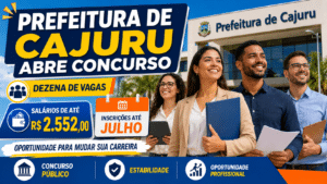 Candidatos em frente à Prefeitura de Cajuru com destaque para concurso público, vagas abertas, salários de até R$ 2.552,00 e inscrições até julho.