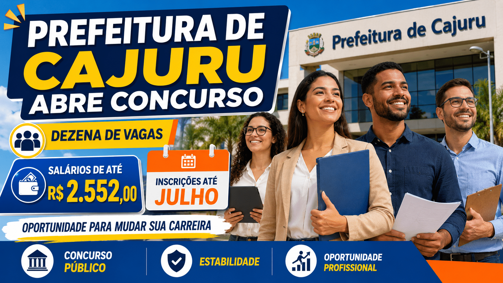 Candidatos em frente à Prefeitura de Cajuru com destaque para concurso público, vagas abertas, salários de até R$ 2.552,00 e inscrições até julho.