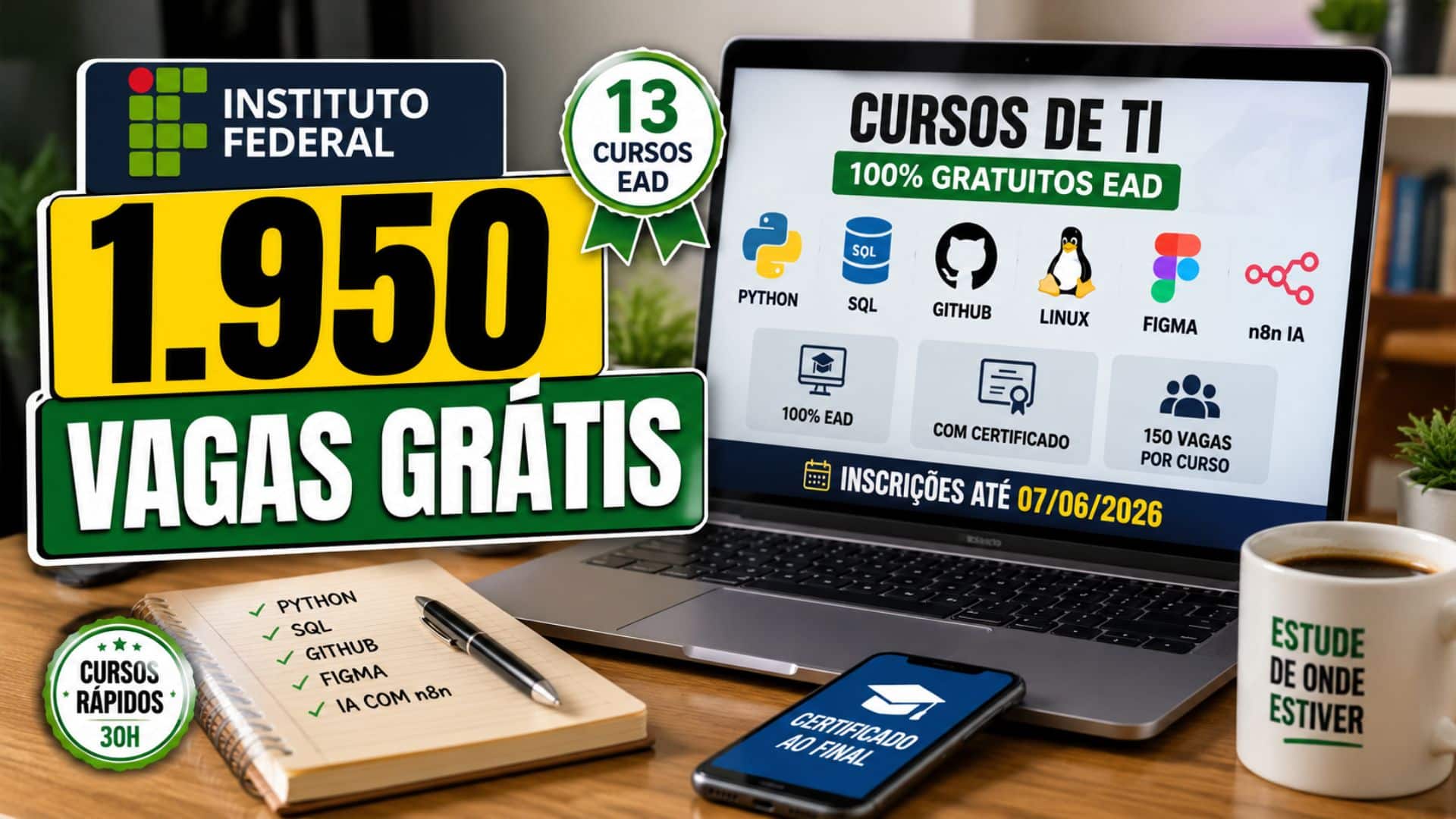 Instituto Federal oferece 1.950 vagas em cursos gratuitos EAD de tecnologia e programação com certificado e seleção por ordem de inscrição