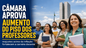 Professores sorrindo em frente ao Congresso Nacional, com destaque para aprovação do aumento do piso salarial e reajustes acima da inflação.