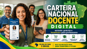 Professora sorrindo mostrando a carteira nacional docente digital no celular, com destaque para emissão gratuita e benefícios exclusivos para professores no Brasil.