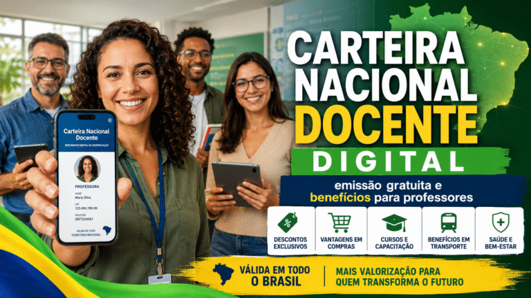 Professora sorrindo mostrando a carteira nacional docente digital no celular, com destaque para emissão gratuita e benefícios exclusivos para professores no Brasil.