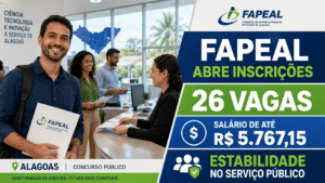Candidato sorrindo com documentos da FAPEAL em ambiente de atendimento público, ao lado de chamada sobre concurso com 26 vagas e salário de até R$ 5.767,15.