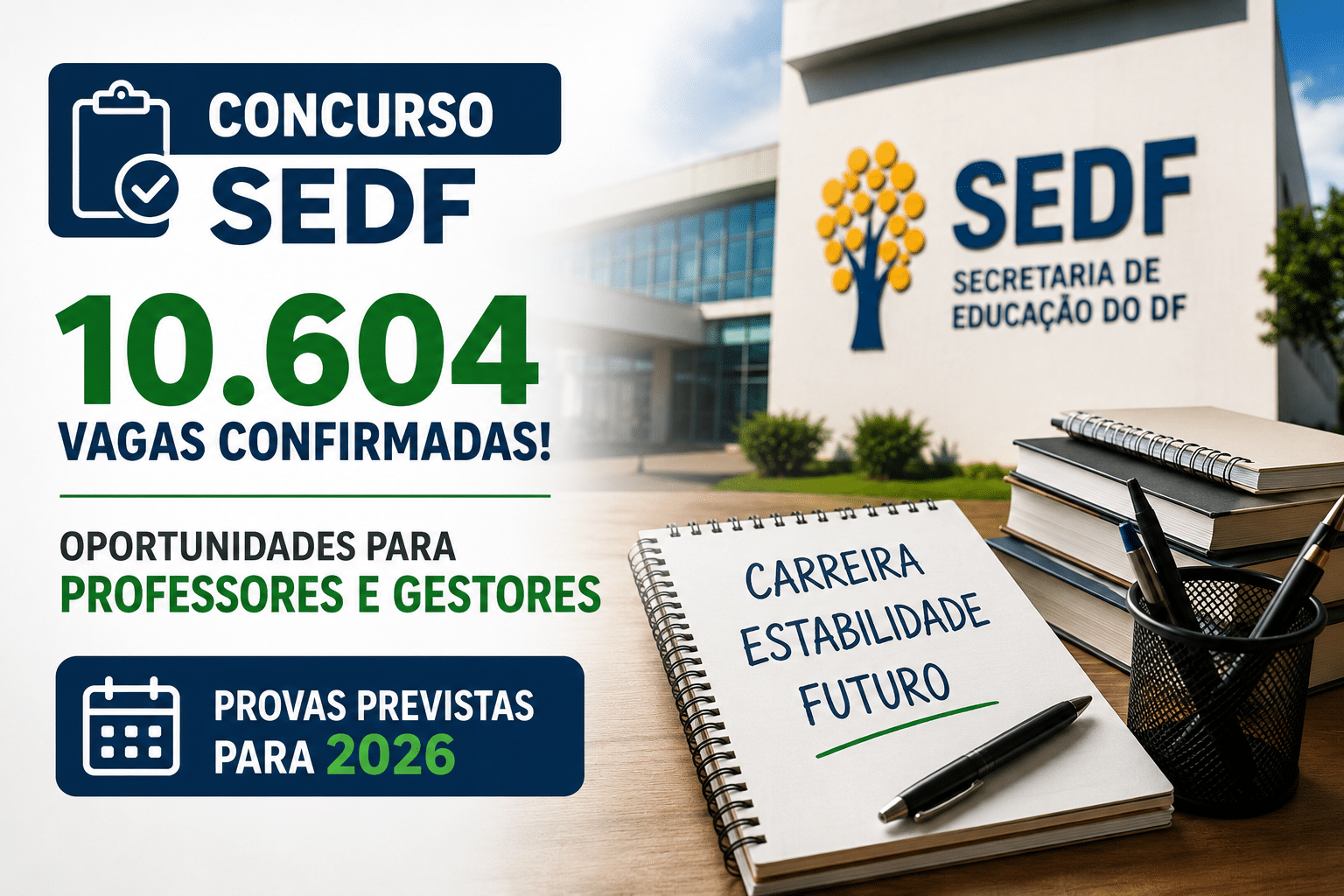 Imagem informativa sobre concurso da SEDF com 10.604 vagas confirmadas para professores e gestores, com prédio da Secretaria de Educação do DF ao fundo.