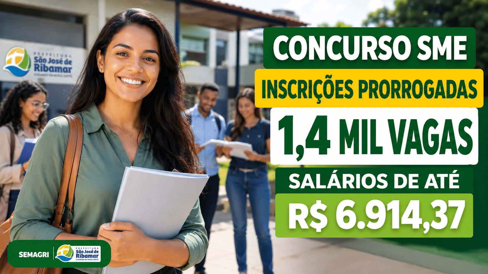 Candidata sorrindo em frente à Prefeitura de São José de Ribamar, com destaque para concurso da SME com inscrições prorrogadas, 1,4 mil vagas para professores e salários de até R$ 6.914,37.