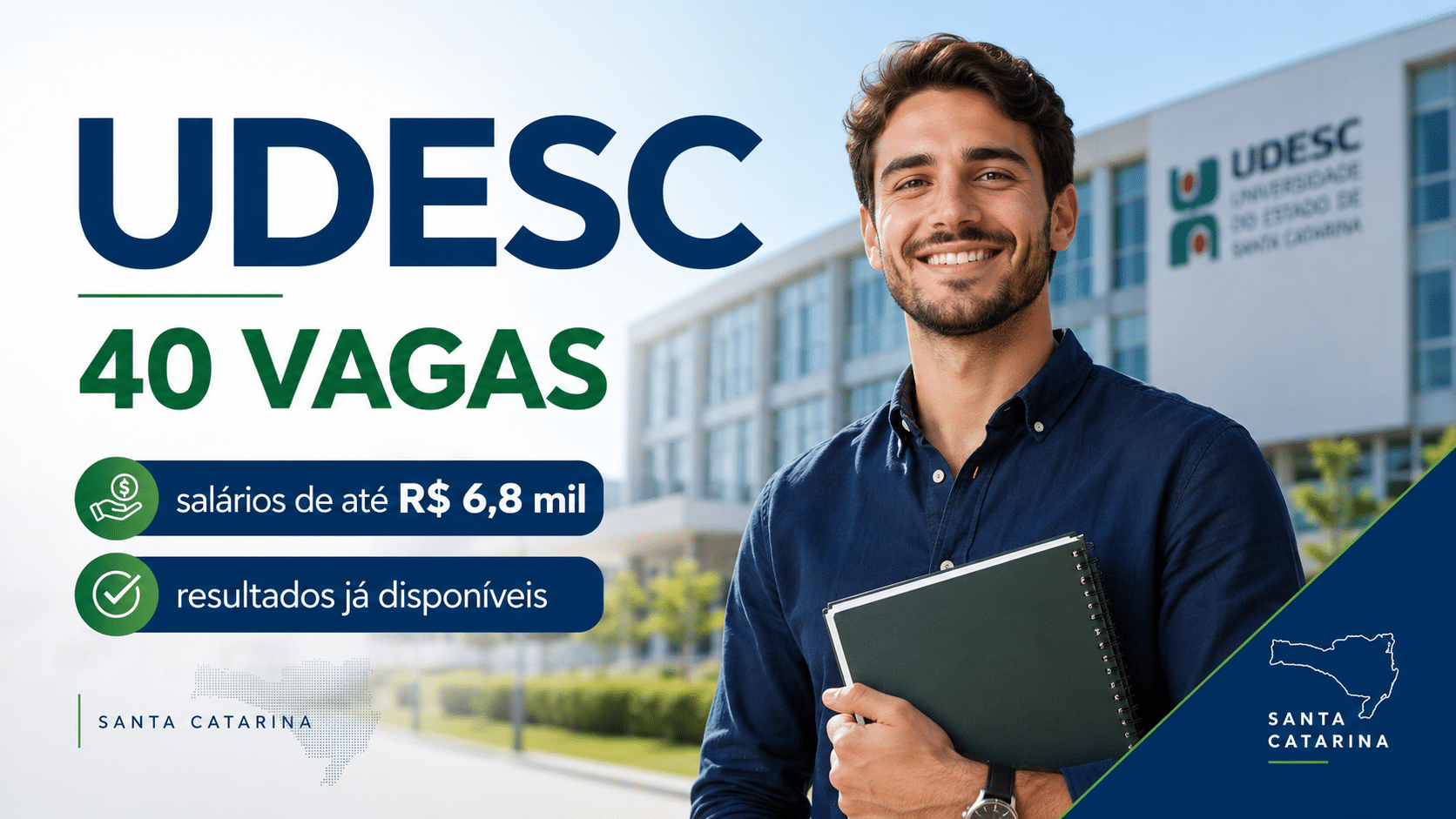Imagem sobre concurso da Udesc com 40 vagas, salários de até R$ 6,8 mil e resultados já disponíveis.