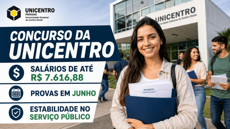 Candidata sorrindo com documentos de inscrição em frente ao campus da Unicentro, ao lado de chamada sobre concurso com 10 vagas, salário de até R$ 7.616,88 e provas em junho.