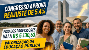 Professores sorrindo em frente ao Congresso Nacional, com destaque para reajuste de 5,4% no piso salarial e aumento para R$ 5.130,63.