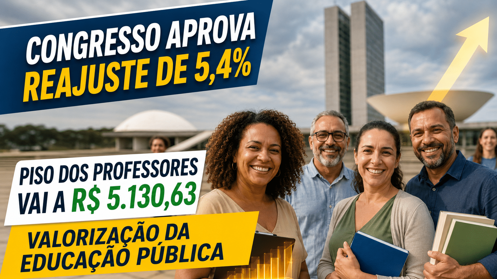 Professores sorrindo em frente ao Congresso Nacional, com destaque para reajuste de 5,4% no piso salarial e aumento para R$ 5.130,63.