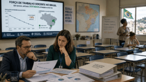 Gestores analisam dados sobre falta de professores e aposentadorias na educação pública em sala com gráficos e mapa do Brasil.