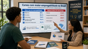 Estudante e orientadora analisam ranking de cursos com maior empregabilidade no Brasil, com dados sobre áreas de formação e desemprego.