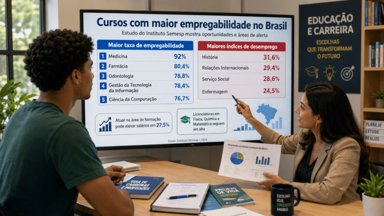 Estudante e orientadora analisam ranking de cursos com maior empregabilidade no Brasil, com dados sobre áreas de formação e desemprego.