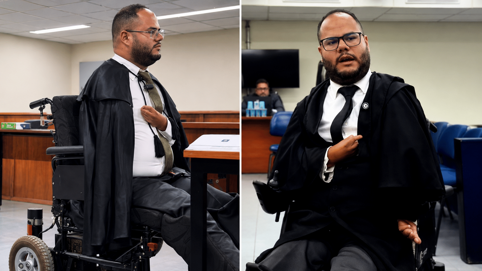 Advogado em cadeira de rodas participa de audiência em sala institucional, representando a trajetória inspiradora do doutor Jonatas Oliveira.