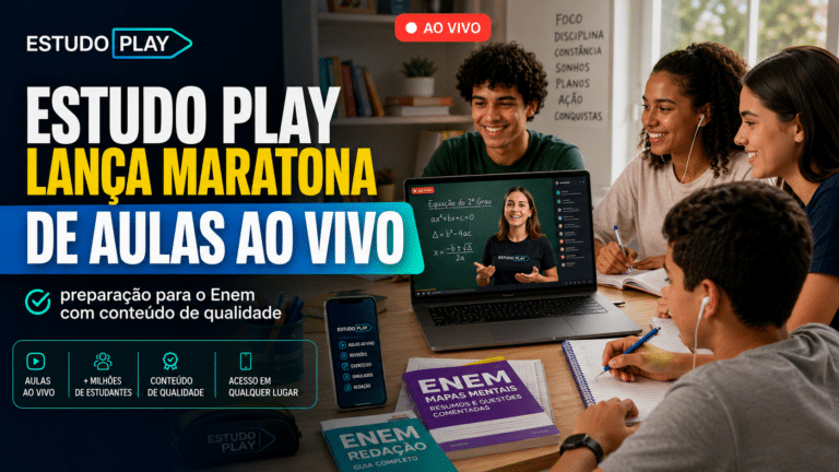 Estudantes acompanhando aula ao vivo de preparação para o Enem pelo notebook, com destaque para a maratona de estudos da Estudo Play.